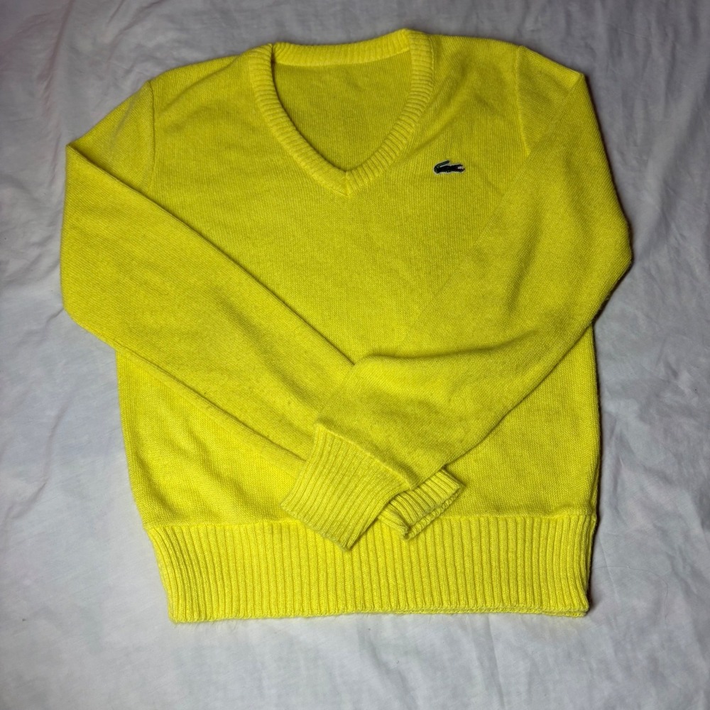 Lacoste V-Neck Sweater Neon Yellow Long Sleeve Logo Knit Pullover Kids XL